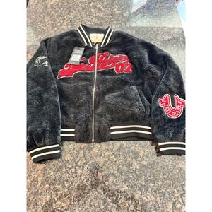True Religion Varsity Chenille Bomber Jacket Jet Black Red Logo 209090C XL New